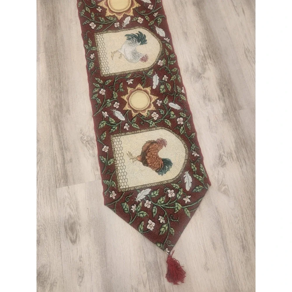 Vintage Rooster Farmhouse Cottagecore Tapestry Table Runner Red & Cream 69x12